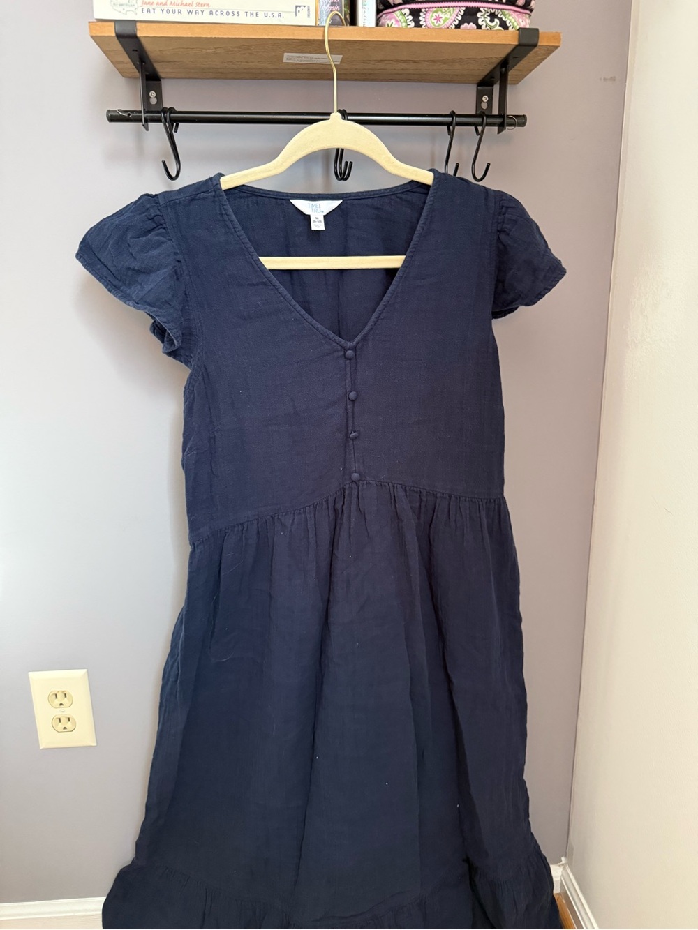 Time and Tru Navy V-Neck Button-Front Maxi Dress with Puff Sleeves
